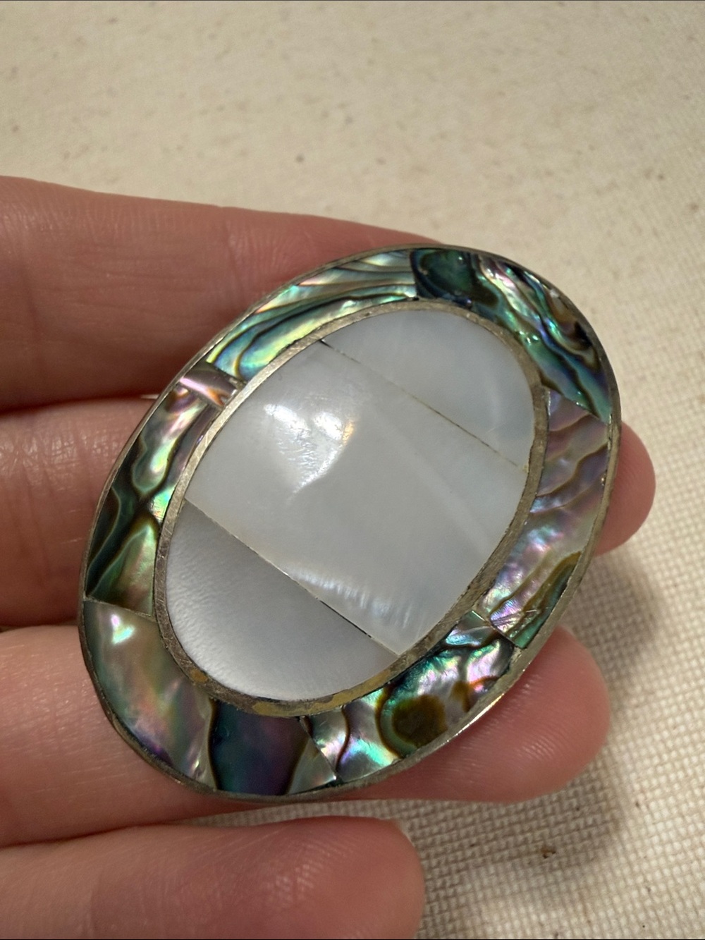 Lovely Brooch/Pendant W/White Mother-of-Pearl & Iridescent Abalone Alpaca Mexico